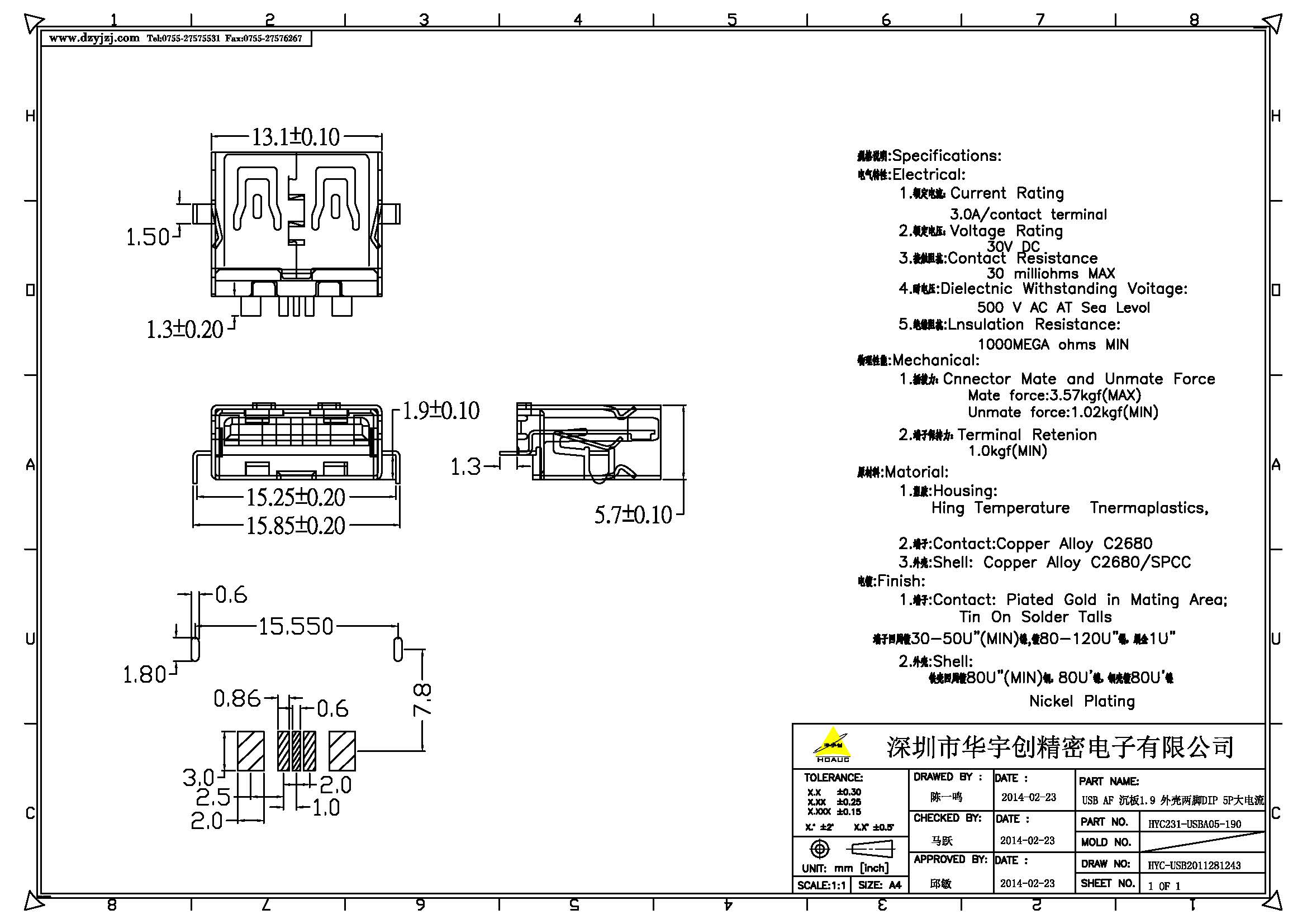 USB AF 沉板1.9 外壳两脚DIP 端子SMT 5P大电流产品图.jpg